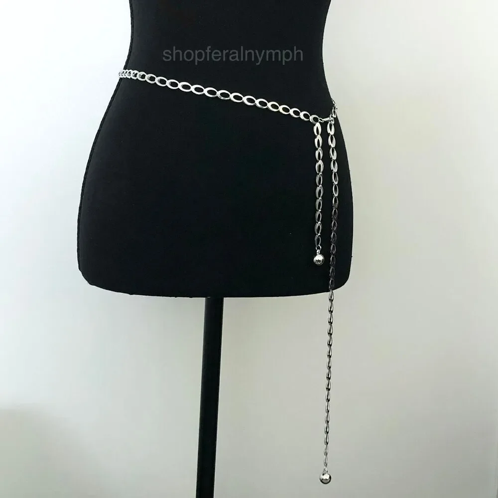 Cyber Liquid Chrome Silver Oval Link Chain Belt, Fits Up to 42 Inches, X7GA1159